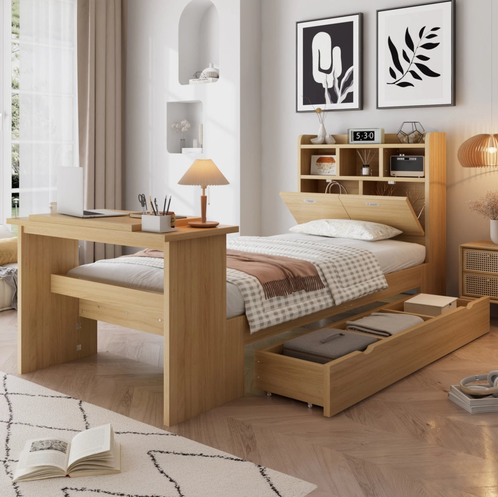 Letto singolo 90x200 cm con scrivania pieghevole e cassetto