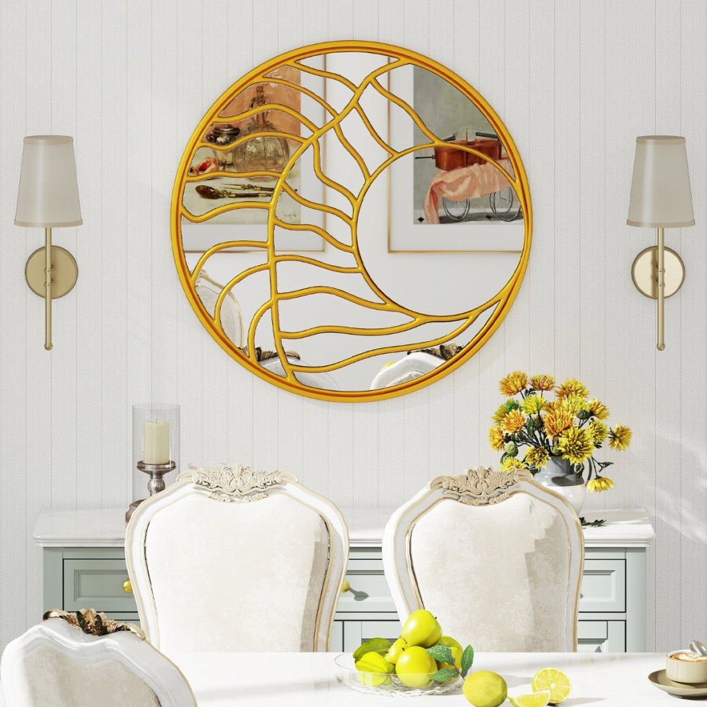 Specchio decorativo da parete rotondo grande 80 cm con cornice irregolare, Specchio da parete per soggiorno camera da letto Oro-Specchi da parete