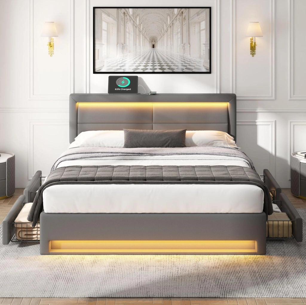 Letto contenitore 140x200 cm in PU grigio con LED, USB e 4 cassetti, senza materasso
