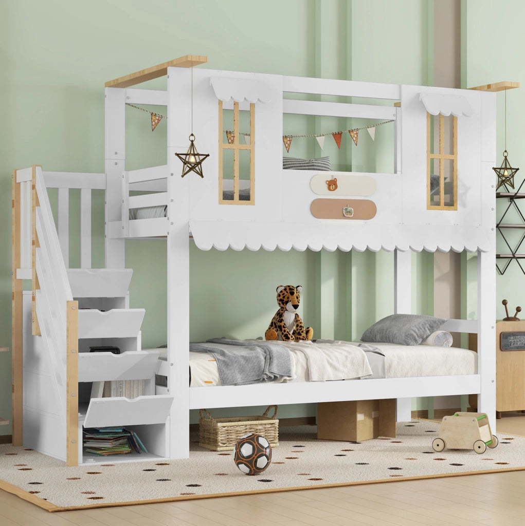 Letto a castello per bambini 90x200 cm con scala contenitore