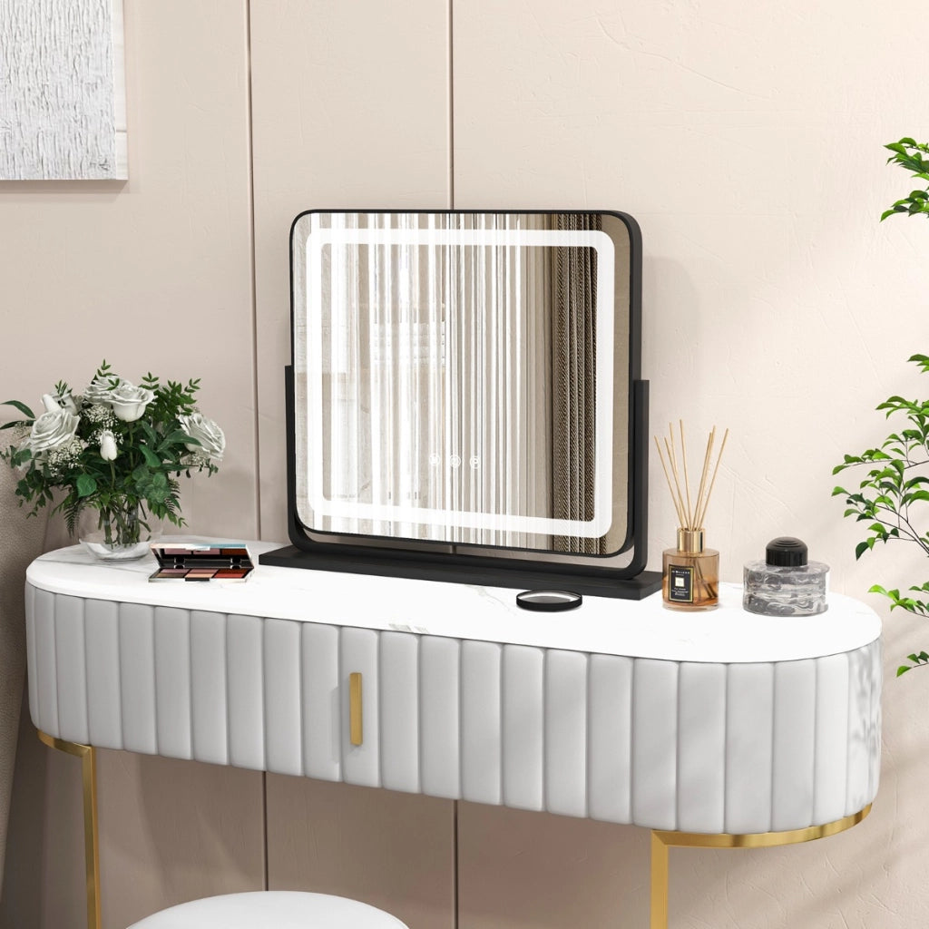 Specchio toletta con 3 modalit¨¤ di illuminazione a colori luminosit¨¤ regolabile, Specchio ruotabile a 360¡ã Nero-Specchi per il trucco