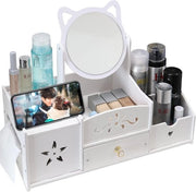 Organizzatore di Cosmetici con Ricarica e Specchio Circolare - Tavolo di Organizzazione in PVC Bianco per Camera da Letto e Bagno