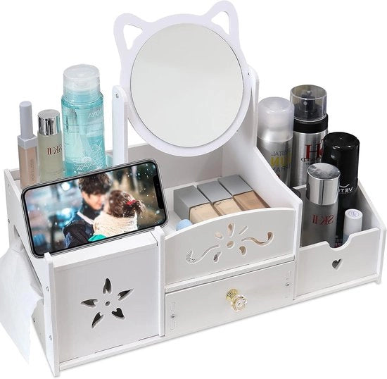 Organizzatore di Cosmetici con Ricarica e Specchio Circolare - Tavolo di Organizzazione in PVC Bianco per Camera da Letto e Bagno