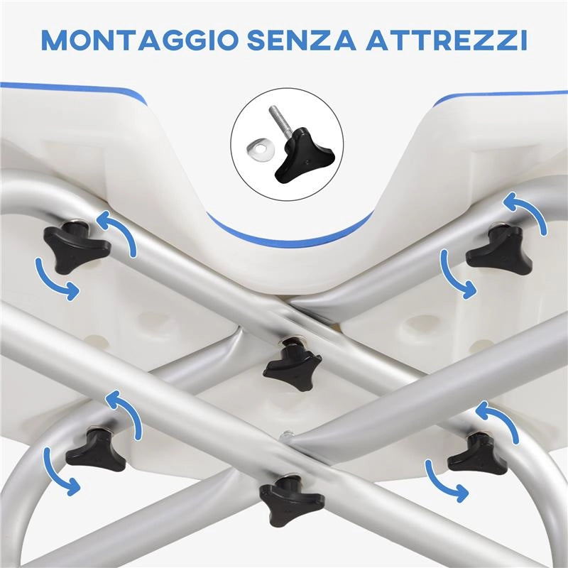 SGABELLO DA DOCCIA REGOLABILE IN ALTEZZA CON MANIGLIONE, SEDUTA IMBOTTITA A U E PIEDINI ANTISCIVOLO, BLU
