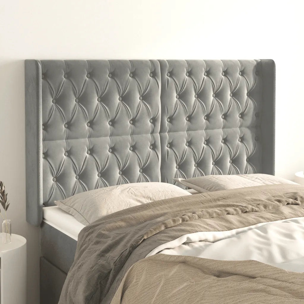 Testiera ad Orecchio-Testata con Orecchie Grigio Chiaro 163x16x118/128 cm in Velluto 174414