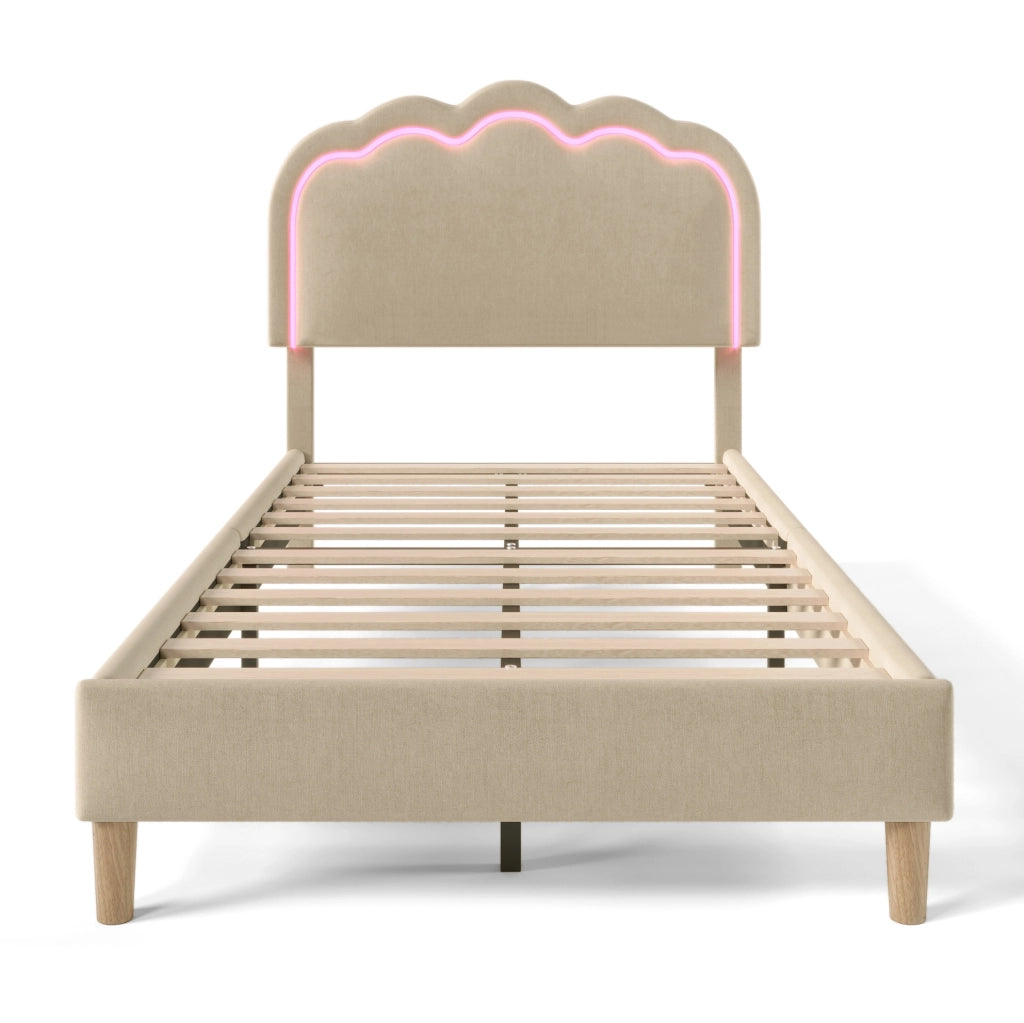 Letto imbottito 90x190 cm; testiera LED regolabile; lino; beige (Senza materasso)