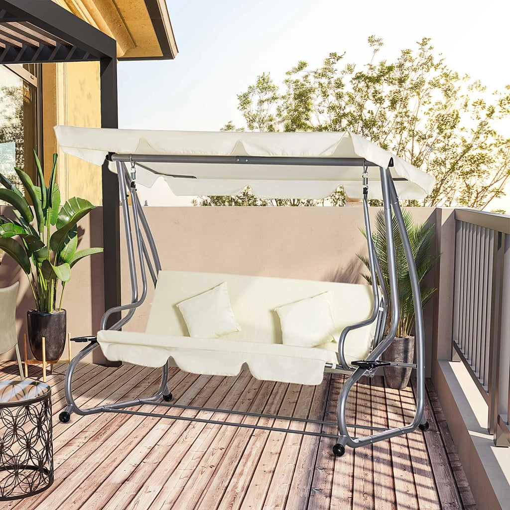 Dondolo Letto da Giardino 3 Posti 200x120x164 cm con Tetto Regolabile e 2 Portabicchieri Crema