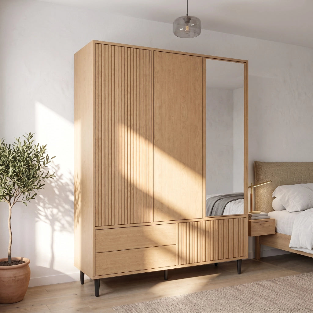 Armadio guardaroba 3 ante con specchio; 3 cassetti e appendiabiti 135x45x200 cm