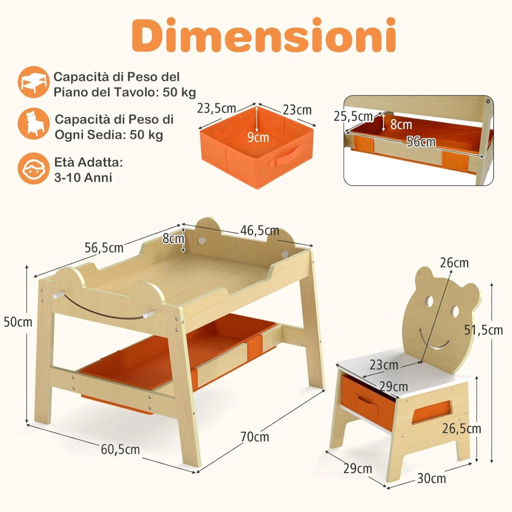Set Tavolo e 2 Sedie per Bambini, 5 in 1 Tavolino e Sedie con 4 Ganci, 3 Scatole in Tessuto e Lavagna Reversibile per Bambini 3+ Anni per Cameretta Ragazzi (Naturale, Stile 5)