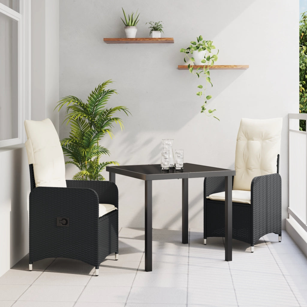 Set da Pranzo da Giardino 3 Pezzi con Cuscini Neri Polyrattan