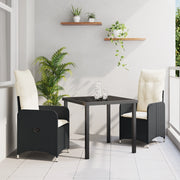 Set da Pranzo da Giardino 3 Pezzi con Cuscini Neri Polyrattan
