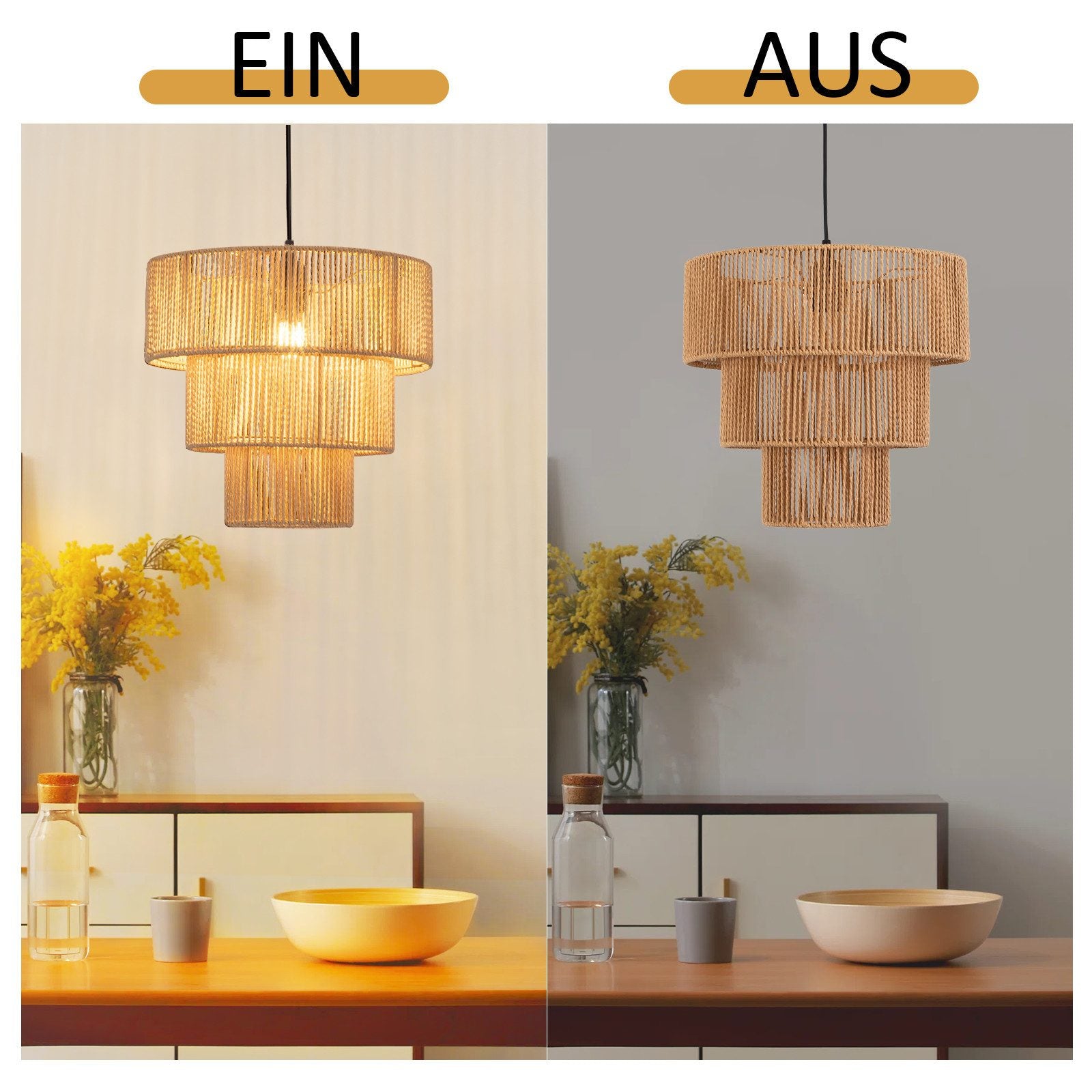 Lampada a sospensione ZMH per sala da pranzo 1 fiamma in rattan beige stile boho per bar e ristoranti