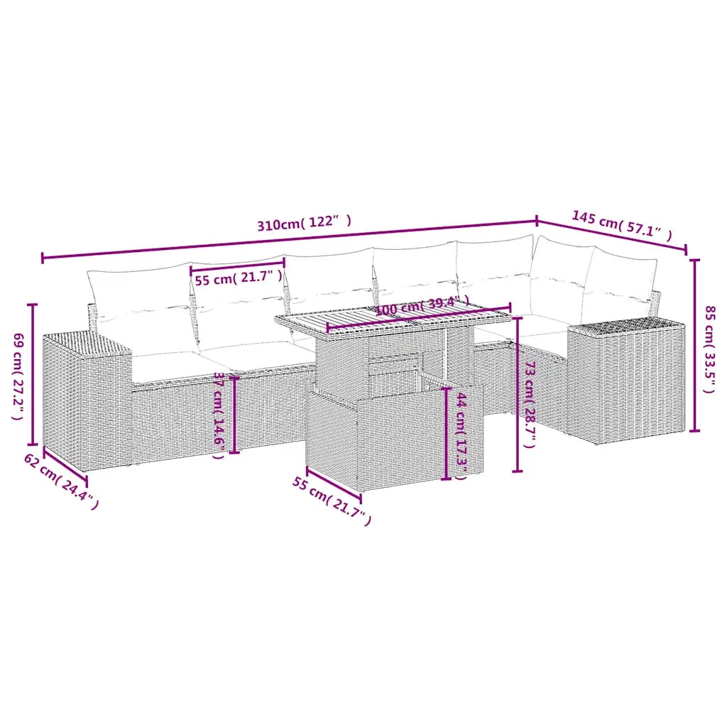 Set Divani da Giardino 7 pz con Cuscini Beige in Polyrattan 3272647