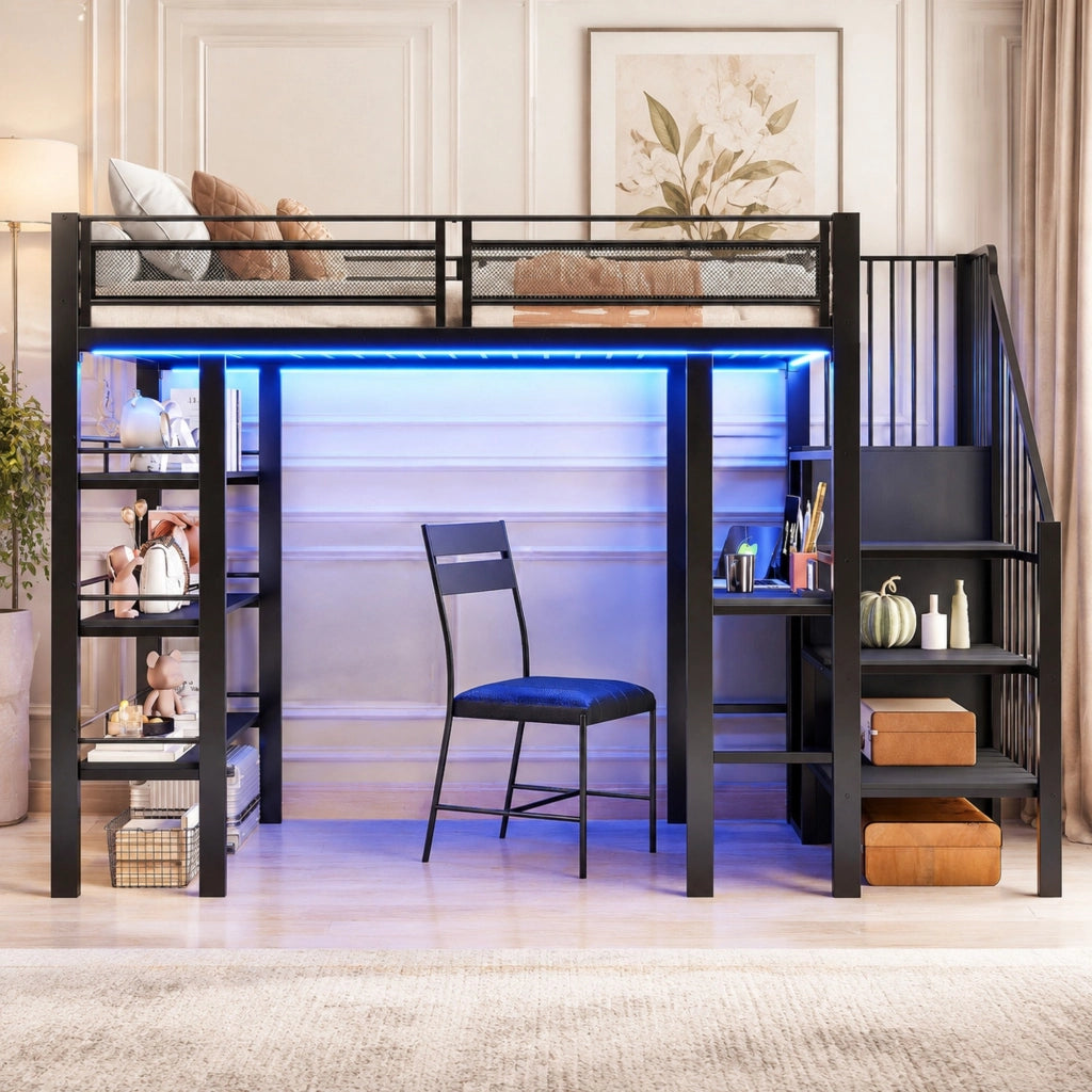 Hochbett 90 x 200 cm in metallo con scrivania, scaffale a 3 livelli, guardaroba integrato, LED e presa, nero