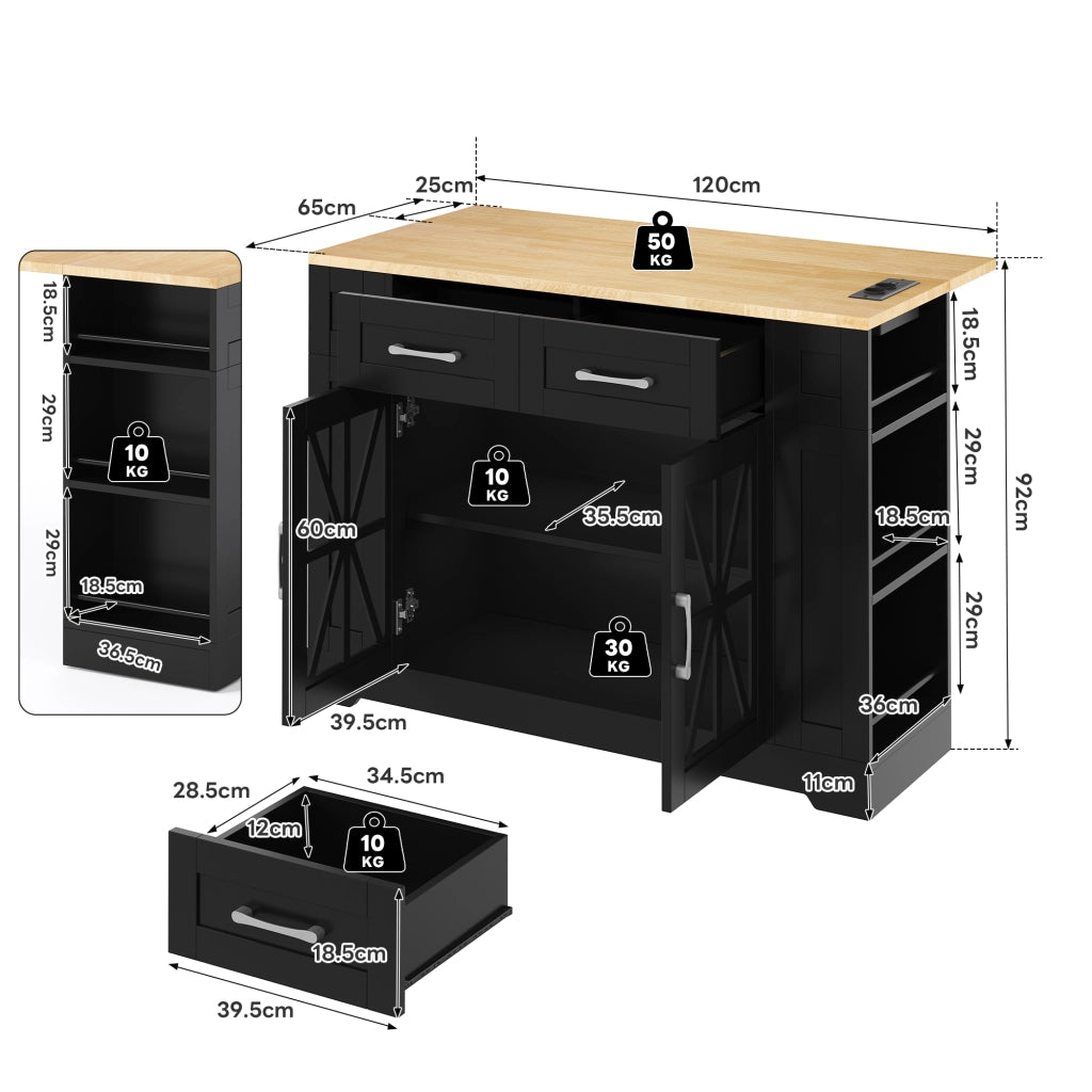 Carrello da Cucina con 2 Ante in Vetro; 6 Ripiani Aperti; Tavolo Ribaltabile; Prese AC e USB; 120x40x92 cm