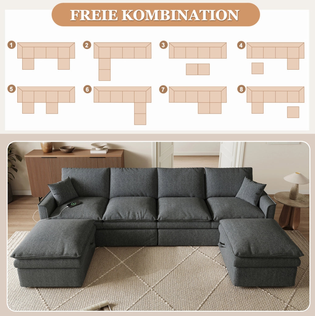 DIVANO Modulare 6 Posti a U/L 277x135x80 cm Grigio