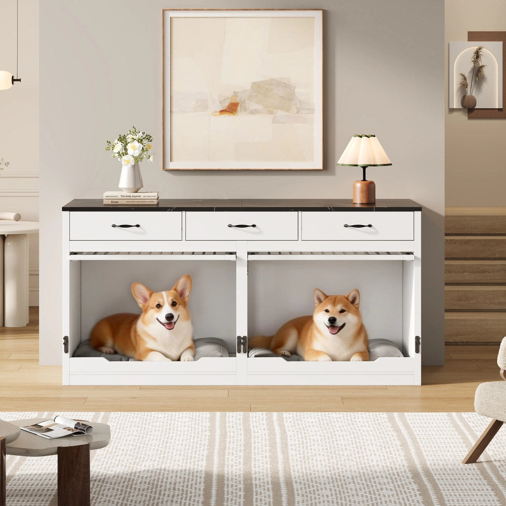 Cuccia per cani in legno e metallo con sportello ribaltabile, divisorio removibile e 3 cassetti, bianco e nero