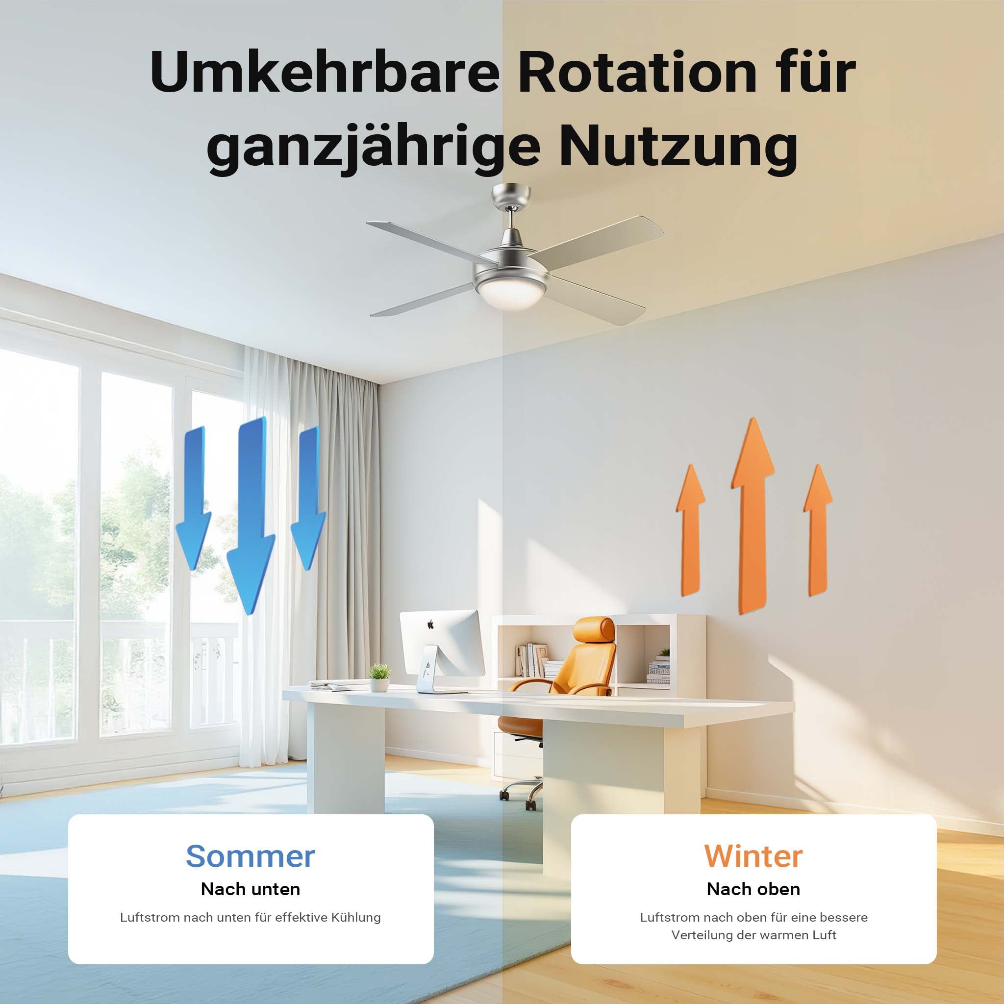 Ventilatore da soffitto Ø 130 cm con 4 pale, lampadario ventilatore con 3 velocità, telecomando, timer, modalità estiva e invernale, 65 W