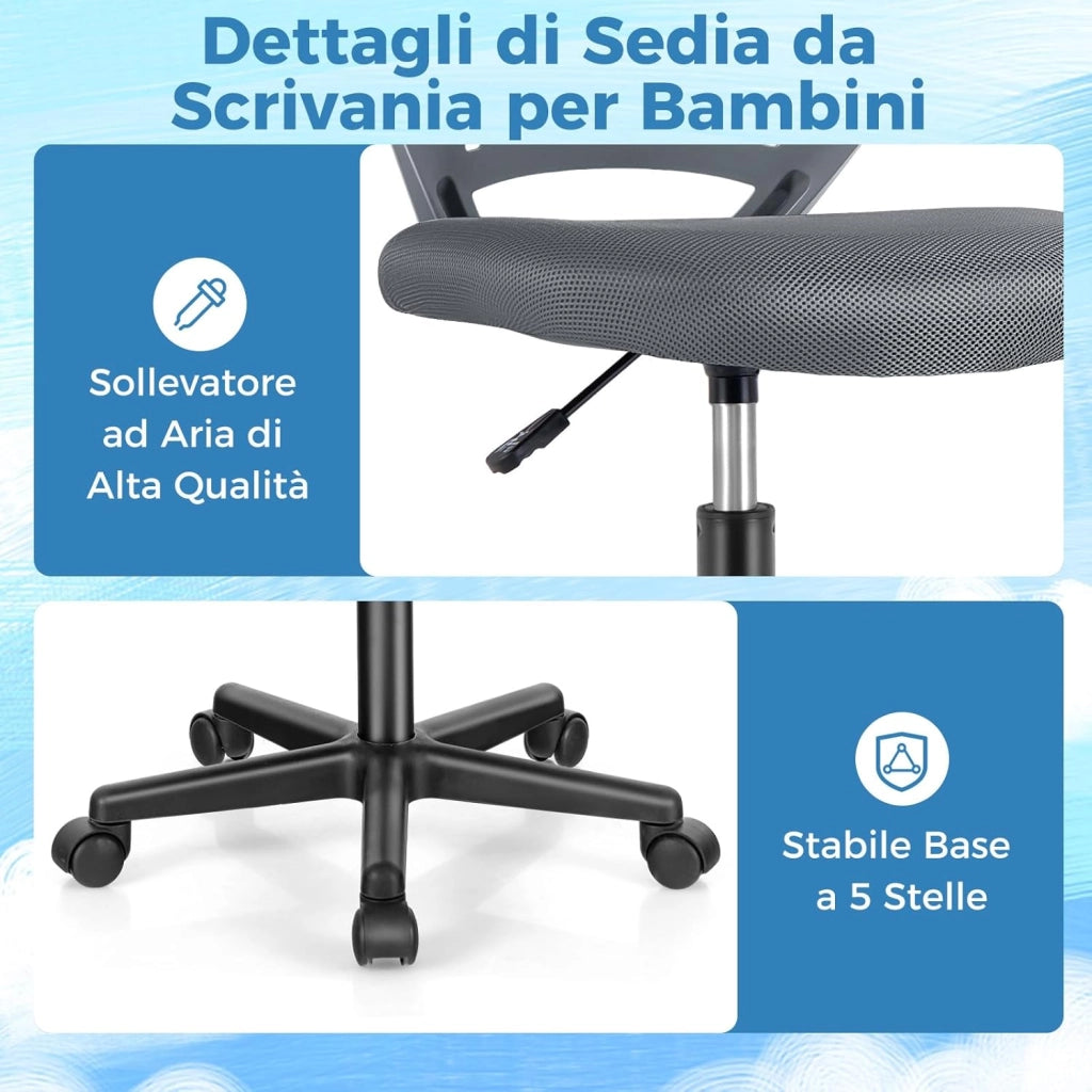 Sedia da Scrivania Ergonomica per Bambini, Sedia per Computer in Rete per Bambini con Ruote Universali, Regolabile in Altezza, Senza Braccioli, Sedia da Studio per Bambini(Grigio)