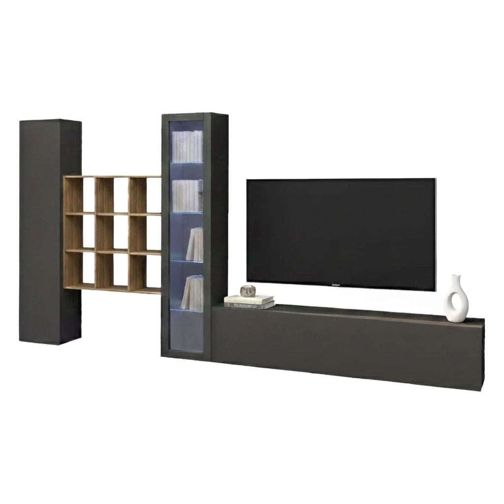Mobile Soggiorno Arizzano, Parete Attrezzata 18 Ripiani Made in Italy, 310x30x180h cm Nero Antracite