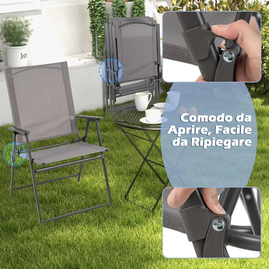 Set di 2/4 Sedie Pieghevoli da Giardino in Textilene, Sedie da Esterno con Schienale Alto, Poltrona Portatile per Giardino Campeggio Patio, Portata 150 kg (4, Grigio, 62 x 58 x 96 cm)