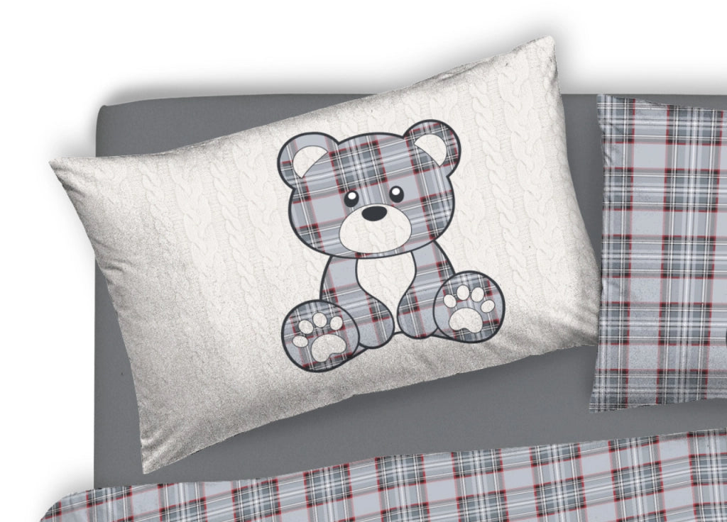 Copripiumino Sacco Piumone Pensieri Delicati 100% Cotone Orsetto Tartan - Matrimoniale - Grigio