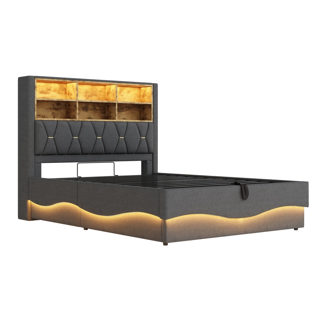 Letto imbottito 140x200 cm con contenitore; LED e USB in lino e metallo grigio