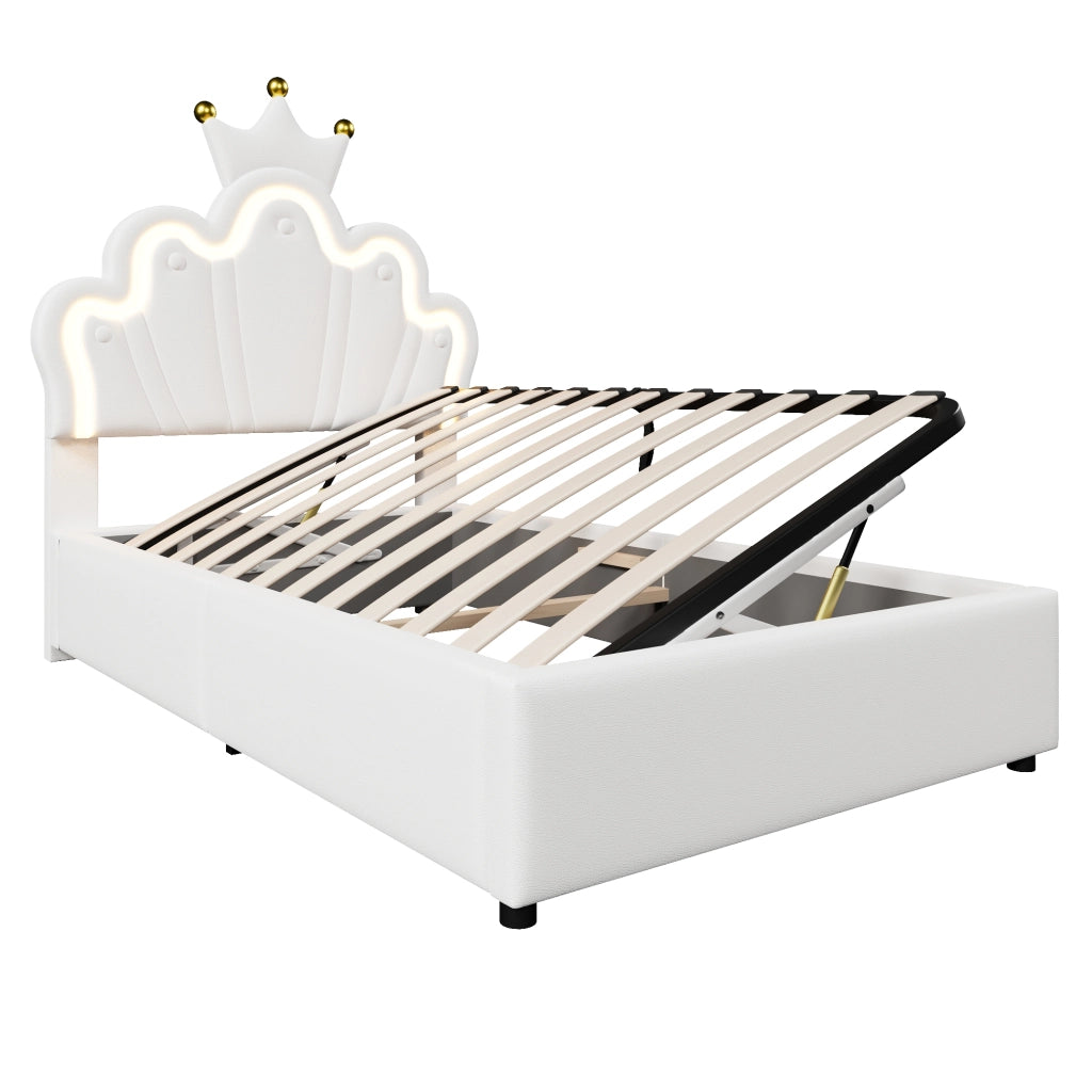 Letto imbottito 90x200 cm con LED, testiera regolabile, contenitore idraulico, PU bianco