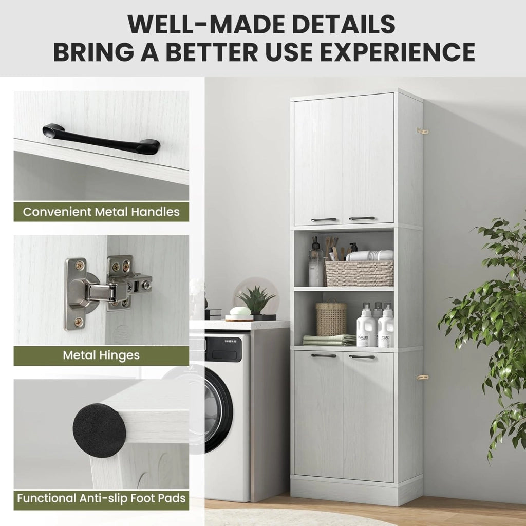Credenza da Cucina Alto 190 cm, Mobile da Cucina con 4 Ante, 2 Scomparti Aperti, Madia Soggiorno Moderna, 3 Colori, 30x56x190 cm