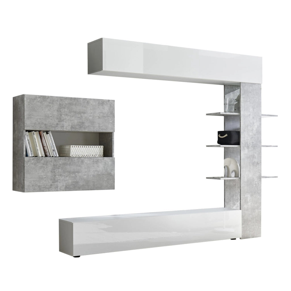 Parete Attrezzata Mobili Soggiorno Mobile TV Libreria 2 Pensili TFT Akira 1 Bianco e Cemento