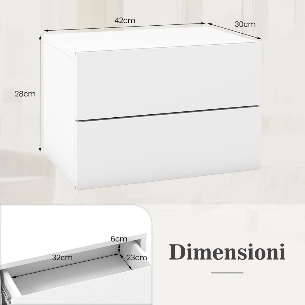 Comodino Camera da Letto Sospeso, Comodino in Legno con 2 Cassetti Salvaspazio, Comodino per Cameretta Moderno da Parete, per Soggiorno, 42 x 30 x 28 cm (Bianco)