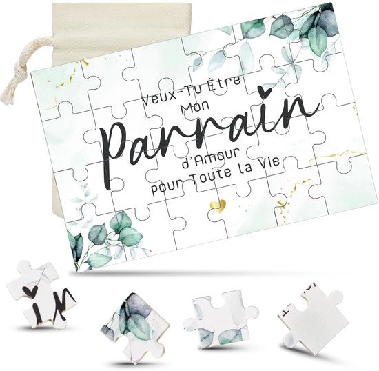 Regalo per padrino in legno, puzzle per padrino, annuncio per padrino, puzzle per padrino, futuro puzzle con corda a tela, sacchetto per il battesimo (padrino)