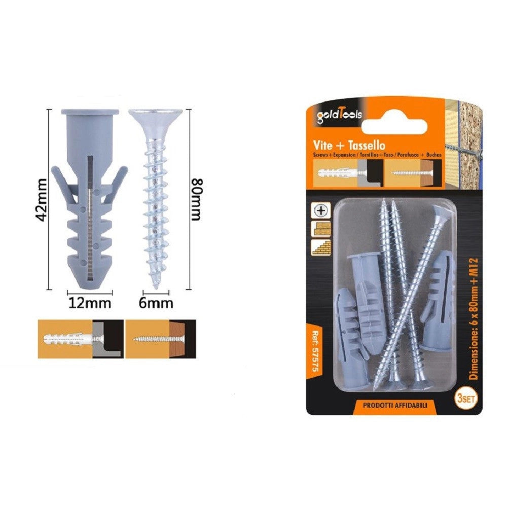 Trade Shop - Set 3 Pz Viti Vite Croce 6x80mm + Tasselli Con Alette Tassello M12 Fischer 57575 -