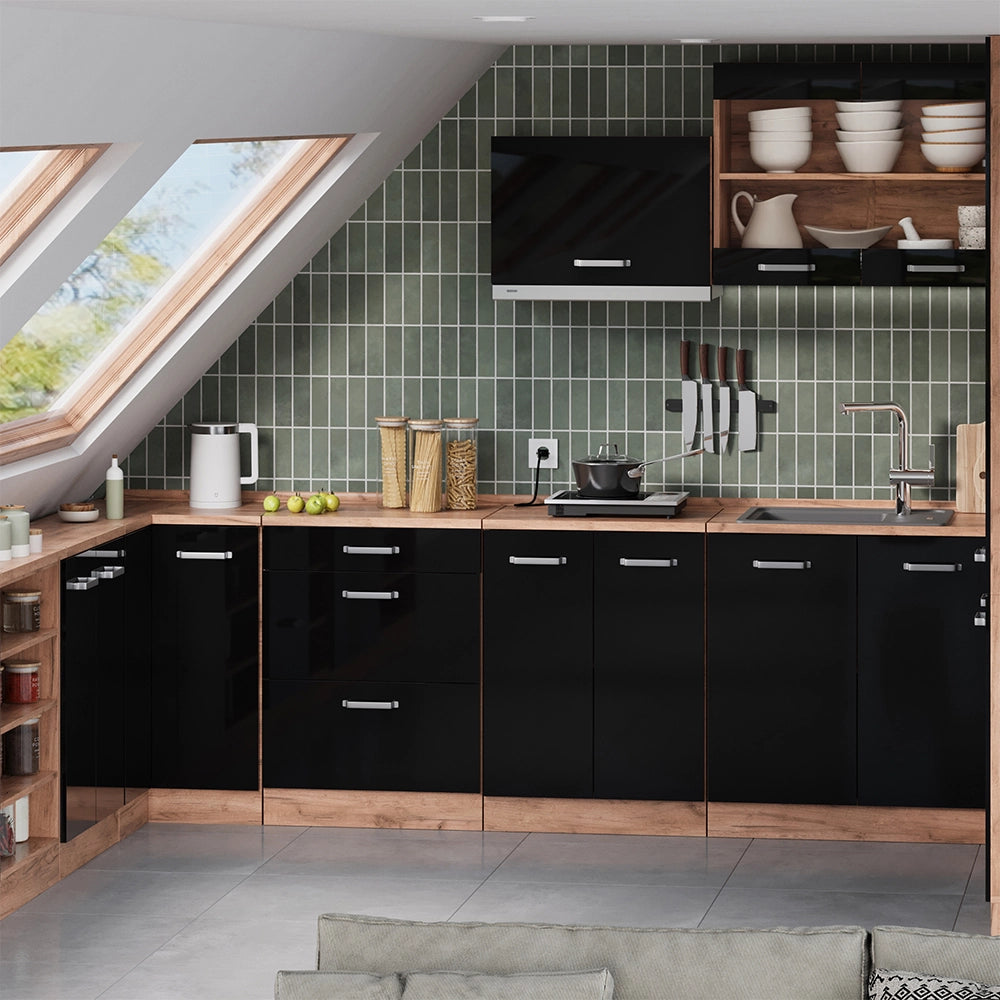 Mobile cucina sottotetto R-Line Nero lucido/Rovere dorato 80 cm senza inclinazione con 2 ante Vicco