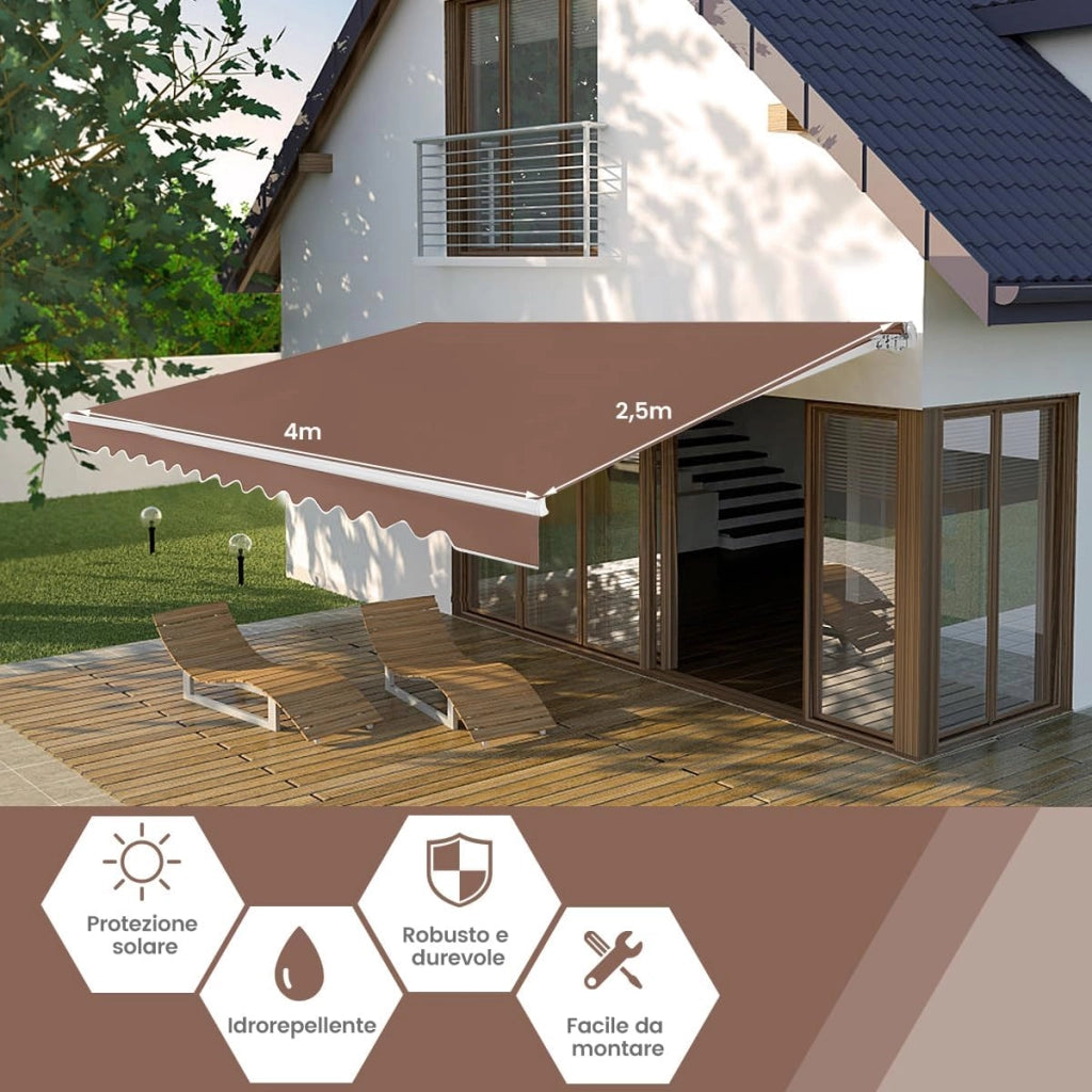Tenda da Sole per Esterno, Tenda da Sole a Bracci Estensibili con Telaio in Alluminio, Tettuccio Resistente al Sole e Impermeabile e Manovella (4 x 2,5 M, Marrone)