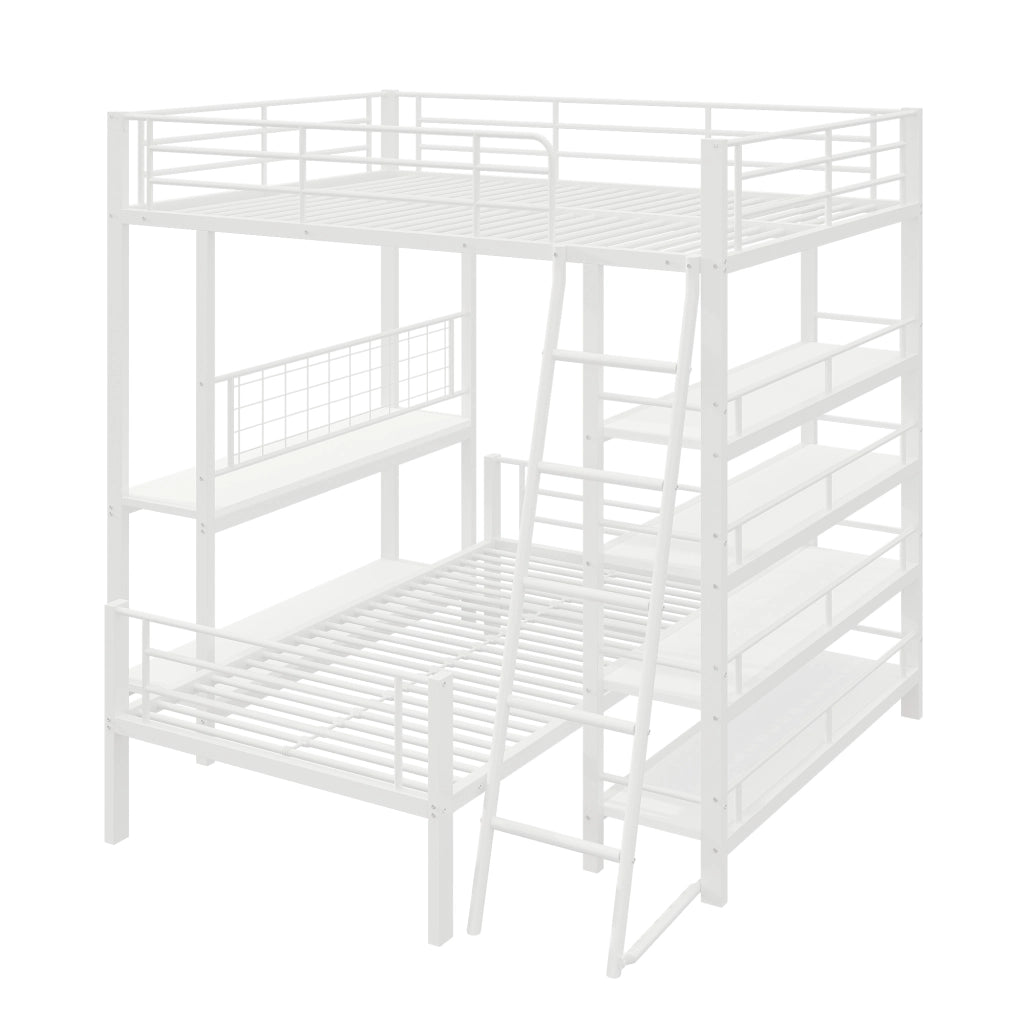 OKWISH Letto a castello 140×200 cm e 90×200 cm, Letto 3 Posti con Mensole, Divisibile in 2 Letti, senza Materasso, Metallo, Bianco