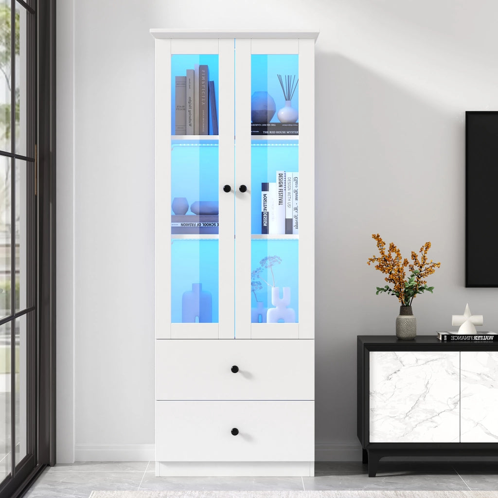 Vetrina con LED, 2 cassetti e ripiani regolabili, con ante a battente, per soggiorno, bianco, 165 × 60 × 35,5 cm