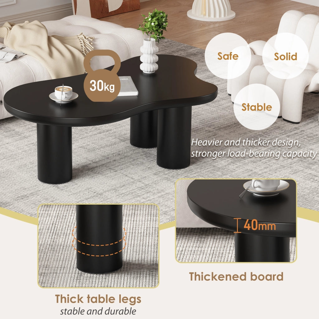 Tavolino da caffè con piano sagomato e 3 gambe; per soggiorno; in MDF; nero; 107×66×40.5 cm