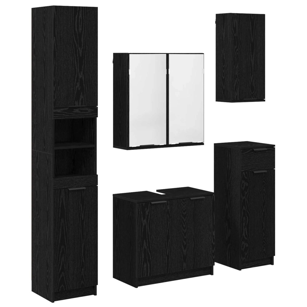 Set di mobili per il Bagno | Armadio da bagno 5 pz Rovere Nero Legno multistrato