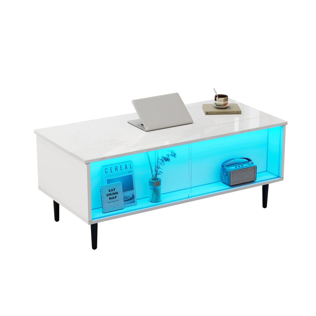 TAVOLO Caffè regolabile 105 x 50 x 43 cm bianco in truciolare e vetro temperato con LED