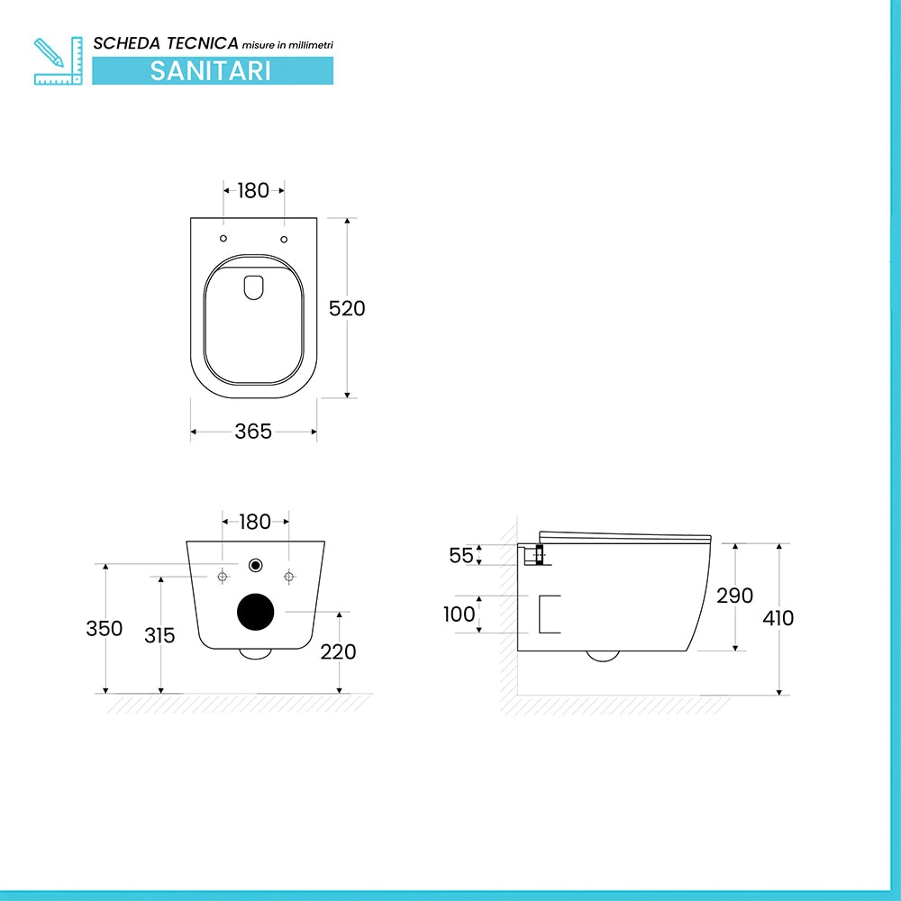 Sanitari Sospesi in ceramica bianco design quadrato con copriwc e scarico rimless Kayra