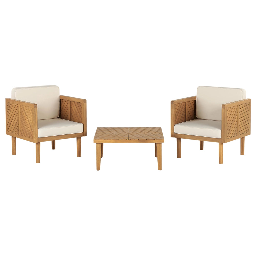 Poltrone da giardino in legno di acacia con tavolino cuscini schienale in poliestere beige chiaro interno esterno