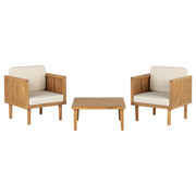 Poltrone da giardino in legno di acacia con tavolino cuscini schienale in poliestere beige chiaro interno esterno