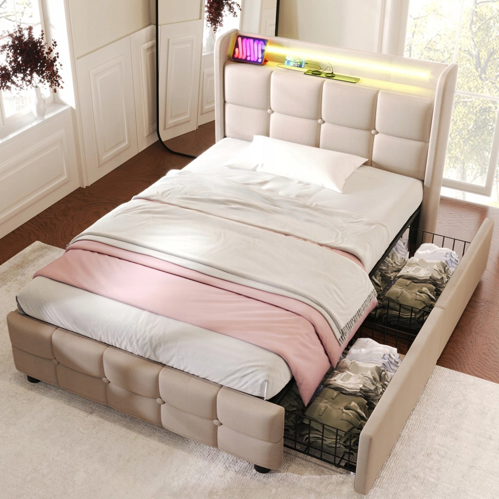 Letto imbottito 90x200 - Xylo - LED, USB, 2 cassetti, beige