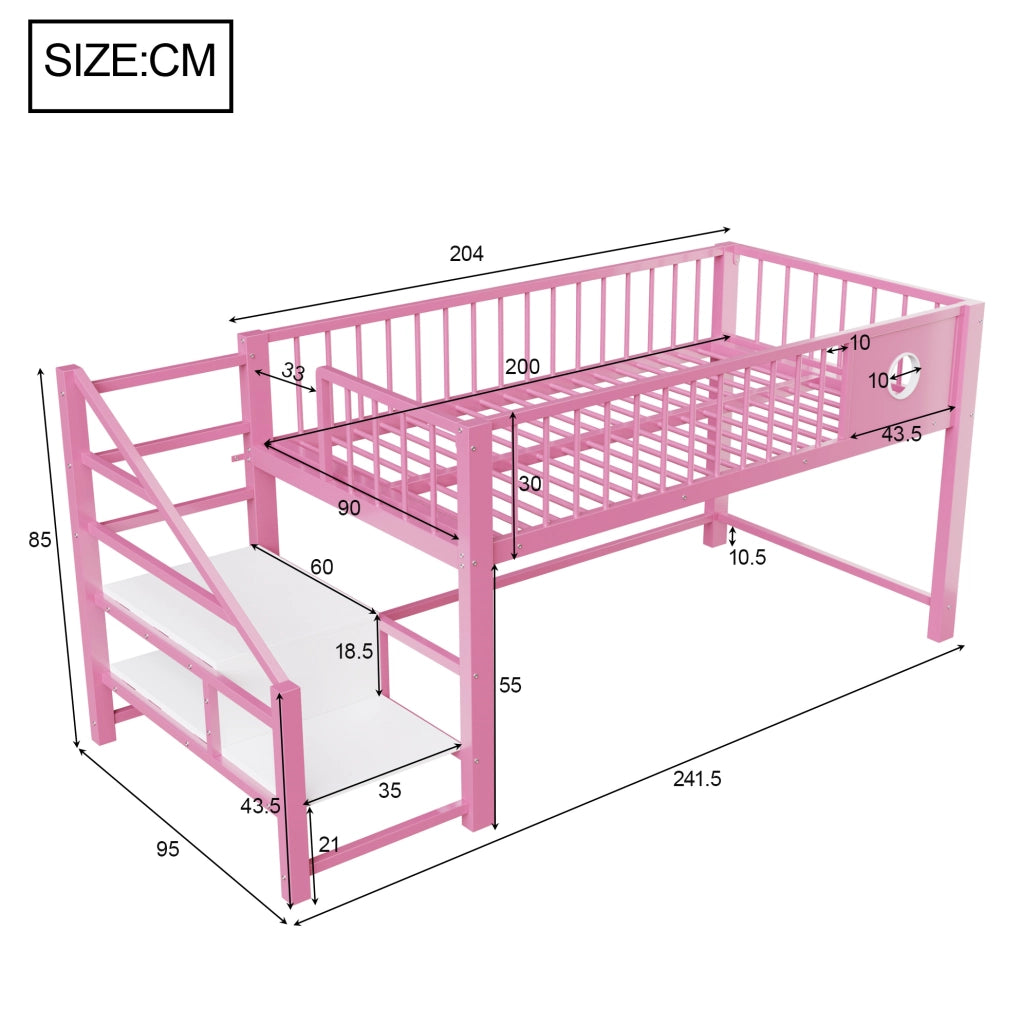 Letto rialzato basso rosa 90 x 200 cm con scala contenitore