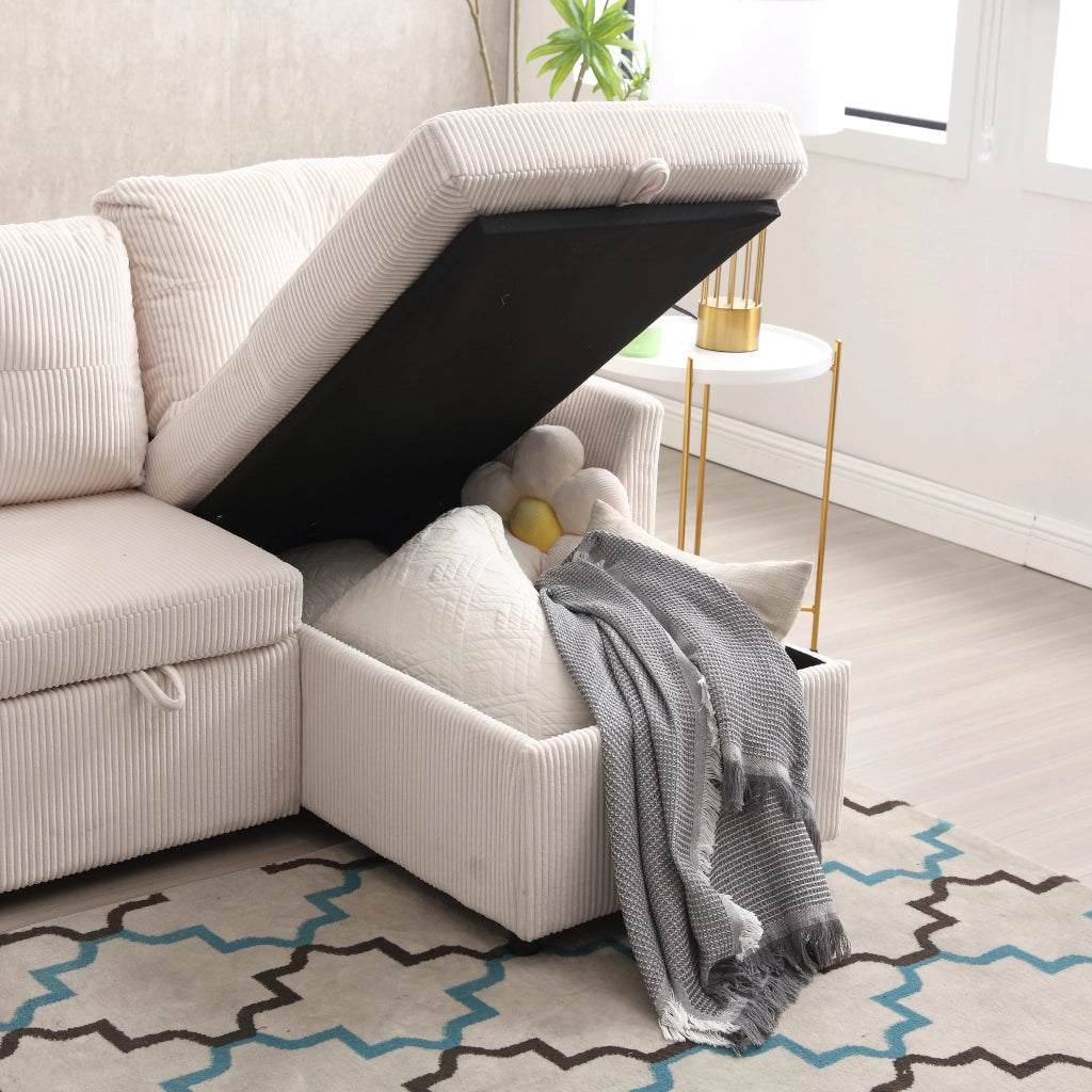 Divano letto modulare in corduroy con contenitore, seduta intercambiabile e cuscini inclusi