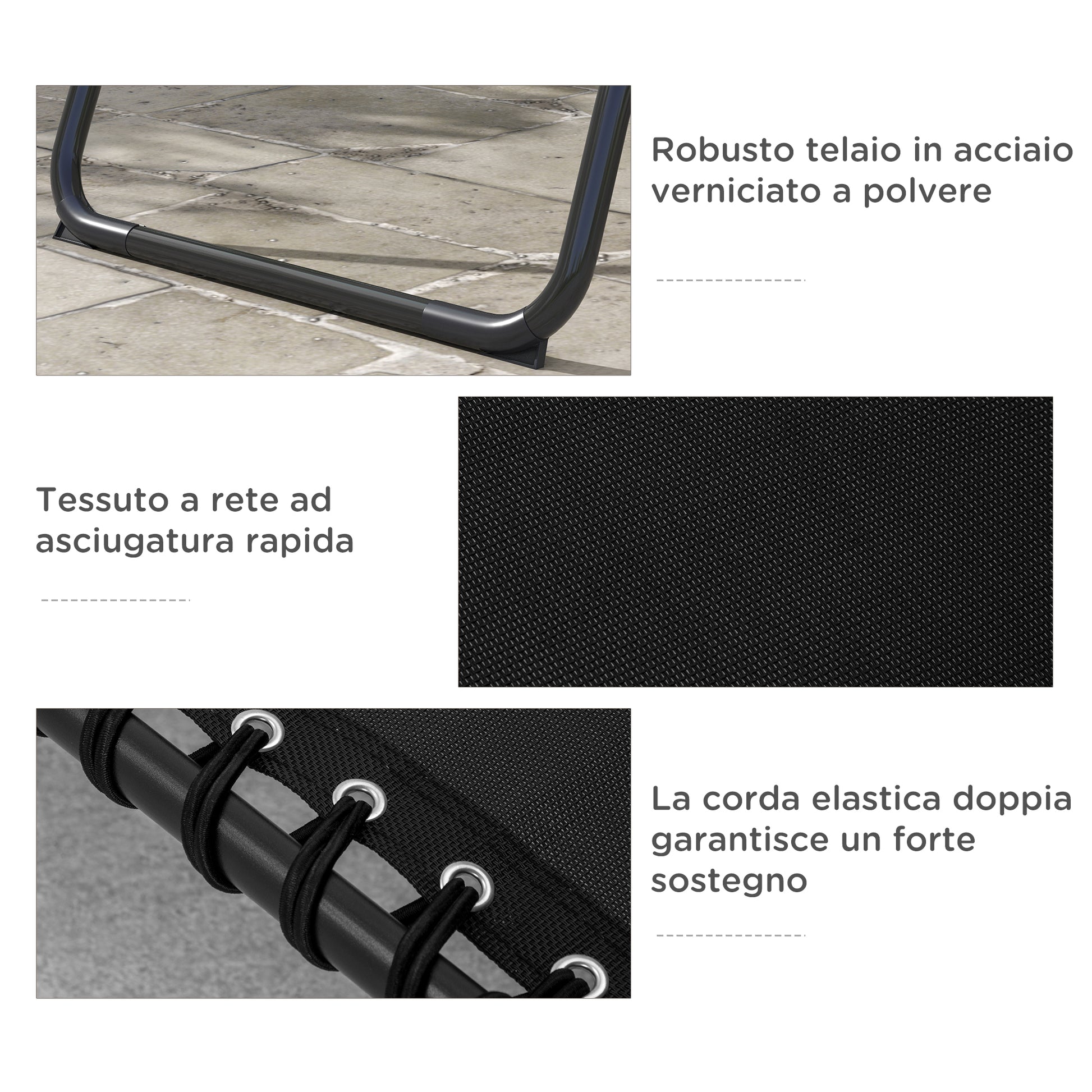 Set 2 Lettini Prendisole 189x58x30 cm con Schienale Reclinabile in Acciaio Nero