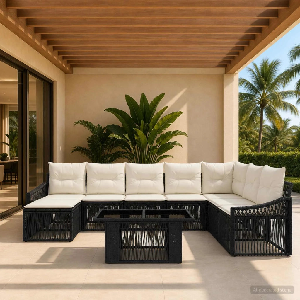 Set Divano da Giardino 9 pz Nero e Bianco Crema polyrattan 3437293