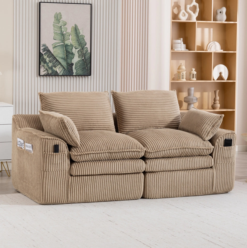 Divano 2 posti in velluto a coste con tasche laterali e cuscini; 191 x 94 x 85 cm; kaki