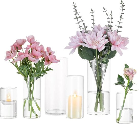Vaso di Vetro a Cilindro trasparente - 2 Set di Vasi di Vetro base moderna - Decorazione da Tavola per Matrimoni - Decorazioni da Tavola per fiori rose pampas candele - Per Ornamenti per la Sala da Pranzo - 10/15/20 Cm di Altezza